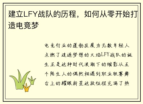 建立LFY战队的历程，如何从零开始打造电竞梦