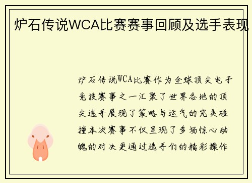 炉石传说WCA比赛赛事回顾及选手表现